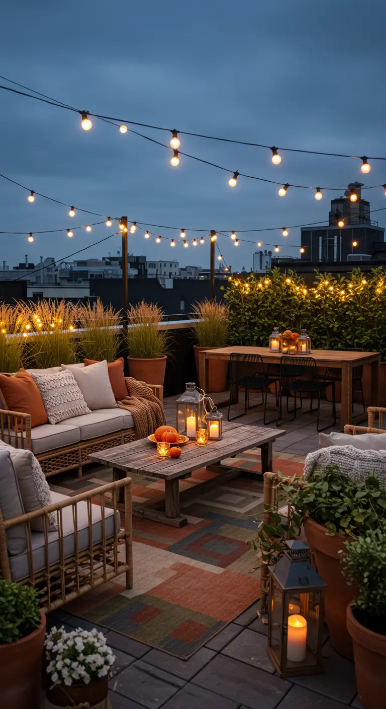 Grande terrasse avec guirlandes lumineuses, canapés et table, décorée de citrouilles et lanternes.