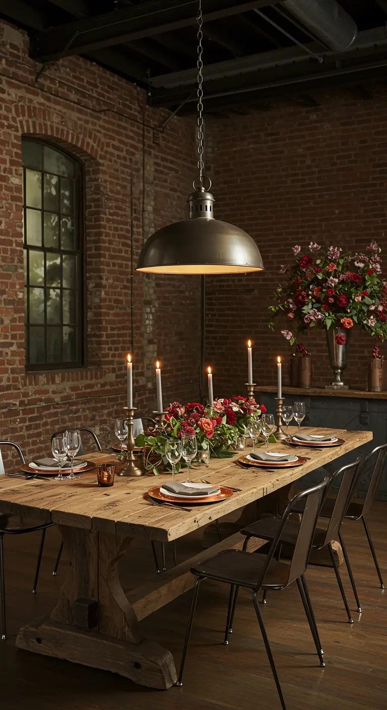 Table en bois rustique dans un loft en briques avec un grand bouquet.
