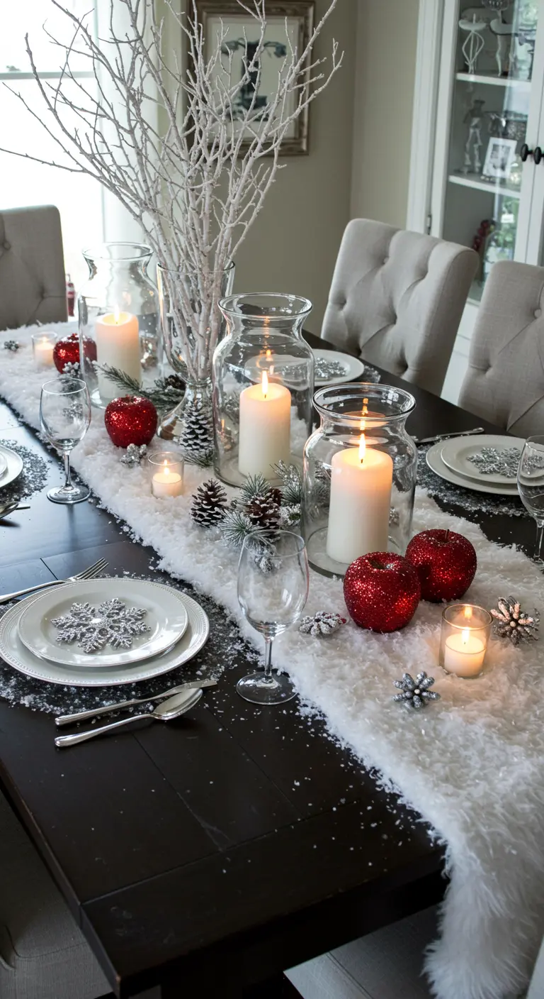 Table avec chemin de table en fausse fourrure blanche, bougies dans des vases en verre, pommes rouges pailletées et branches givrées.