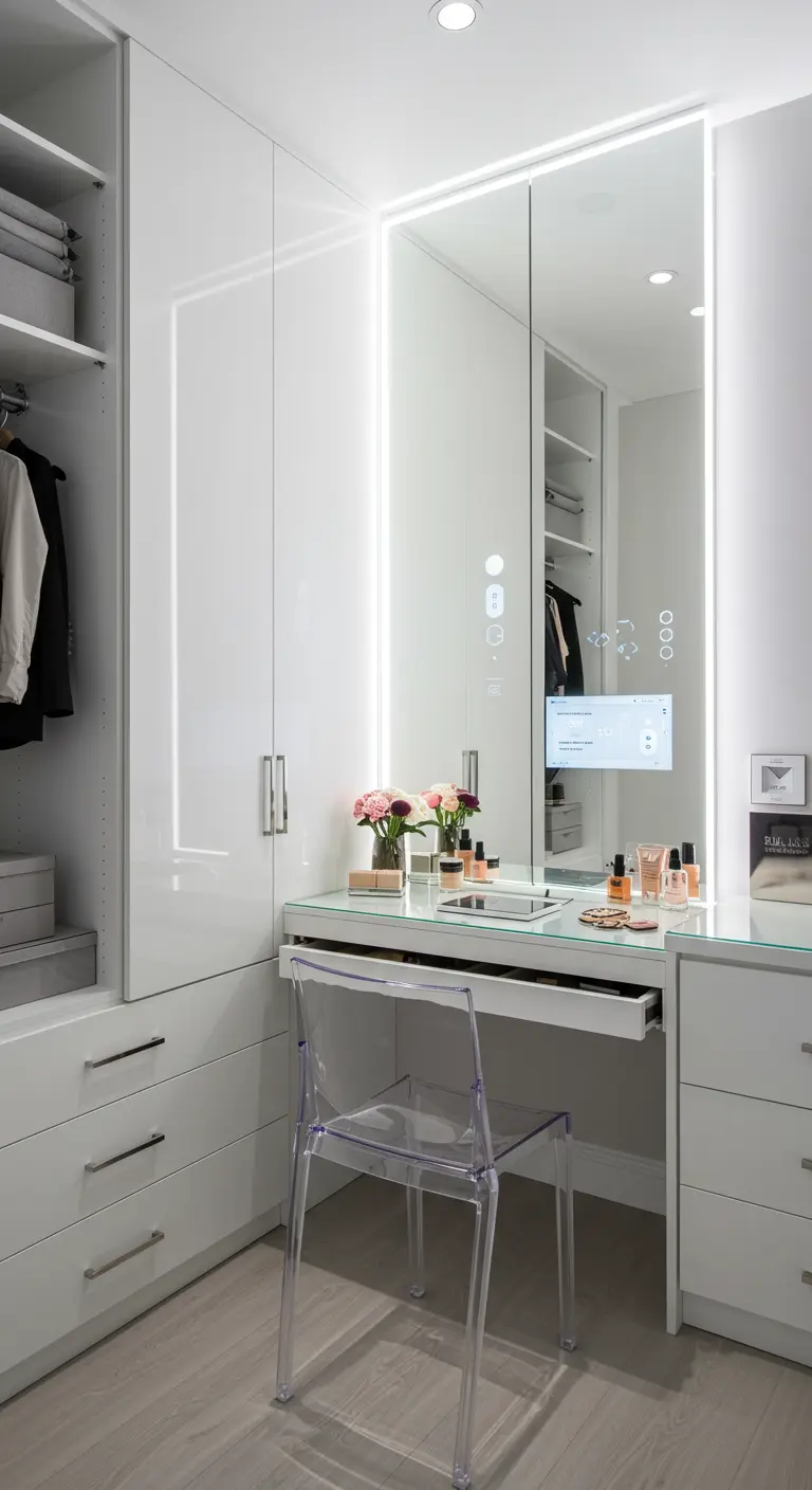 Coiffeuse blanche laquée, miroir intelligent avec écran, éclairage LED, chaise transparente.