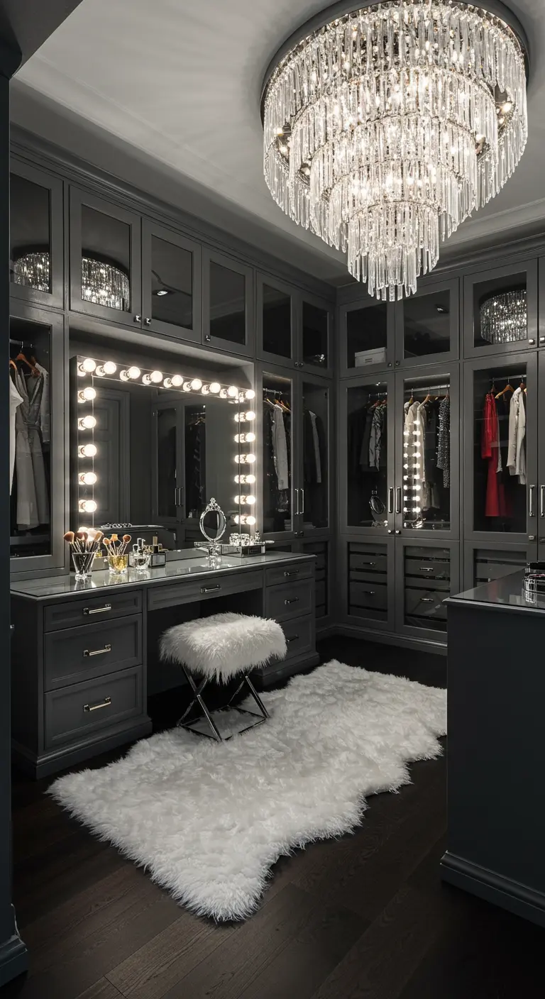 Dressing gris foncé avec coiffeuse, miroir à ampoules et lustre en cristal.