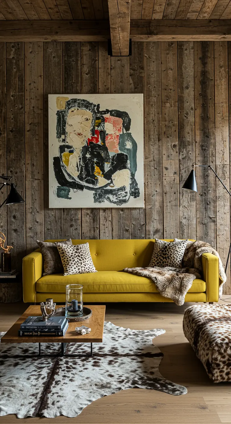 Canapé jaune vif dans un salon avec murs en bois rustique et tapis en peau de bête.
