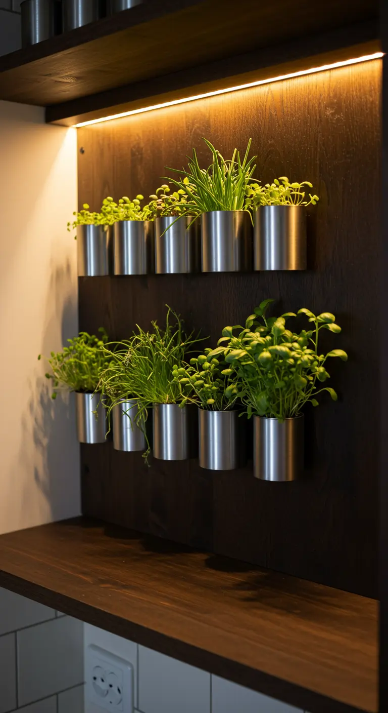 Pots métalliques cylindriques avec herbes fraîches sous un éclairage LED sur un panneau en bois foncé.
