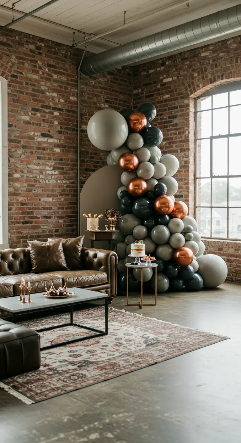Arche de ballons gris, noirs et cuivre dans un salon de style loft industriel.