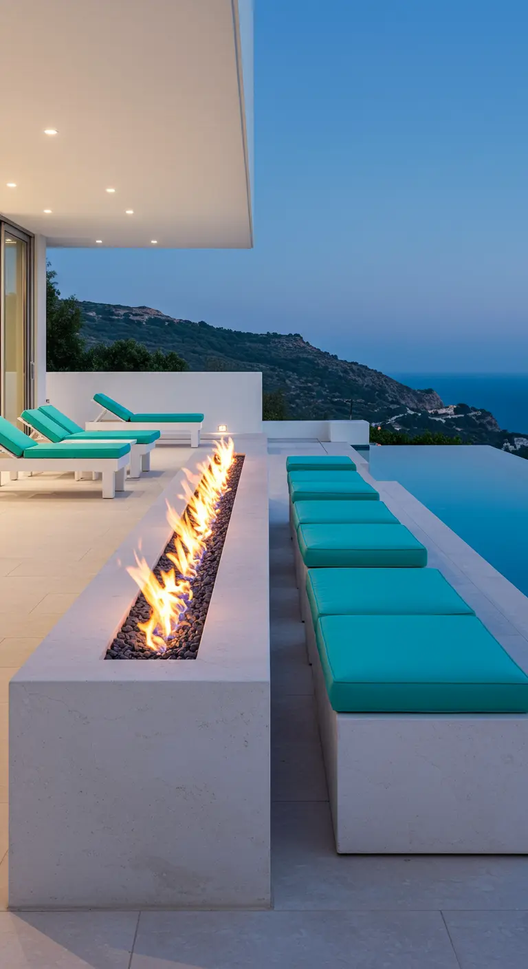 Terrasse moderne avec piscine à débordement, banquettes blanches, coussins sarcelle, et foyer linéaire avec vue mer.