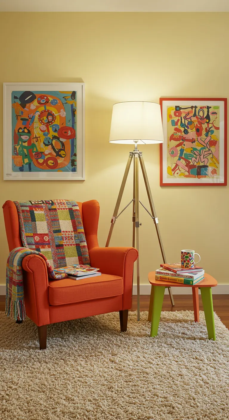Fauteuil orange à oreilles, plaid coloré, lampe trépied, table bicolore, tableaux abstraits.