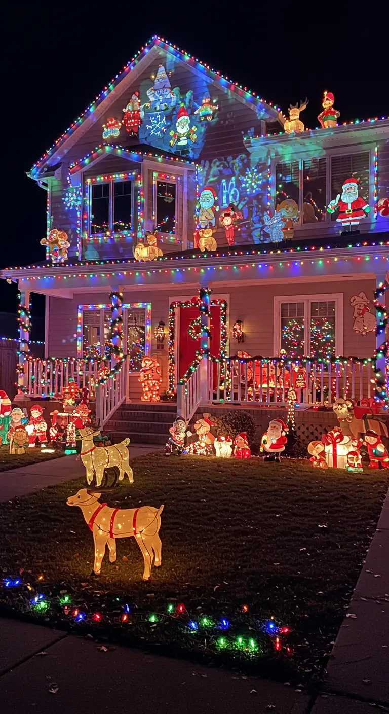 Maison très illuminée avec des guirlandes multicolores, des projecteurs et des figures lumineuses au sol.