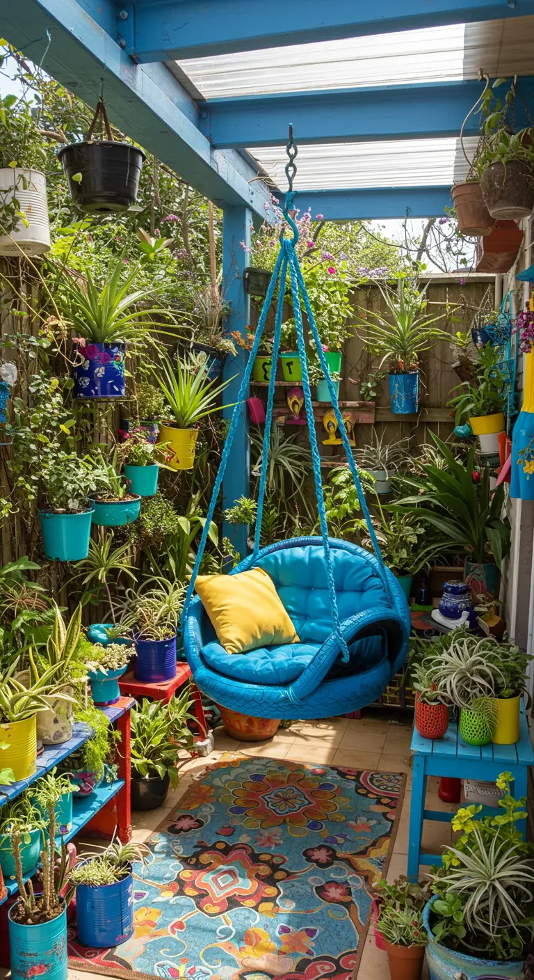 Chaise suspendue bleue vif entourée de plantes colorées en pots sur un petit patio.