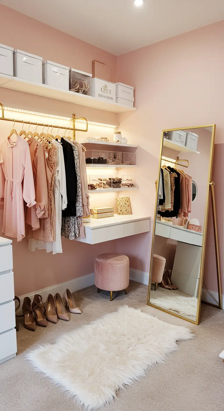 Dressing rose poudré avec tringle dorée, miroir sur pied, tabouret rose et tapis doux.