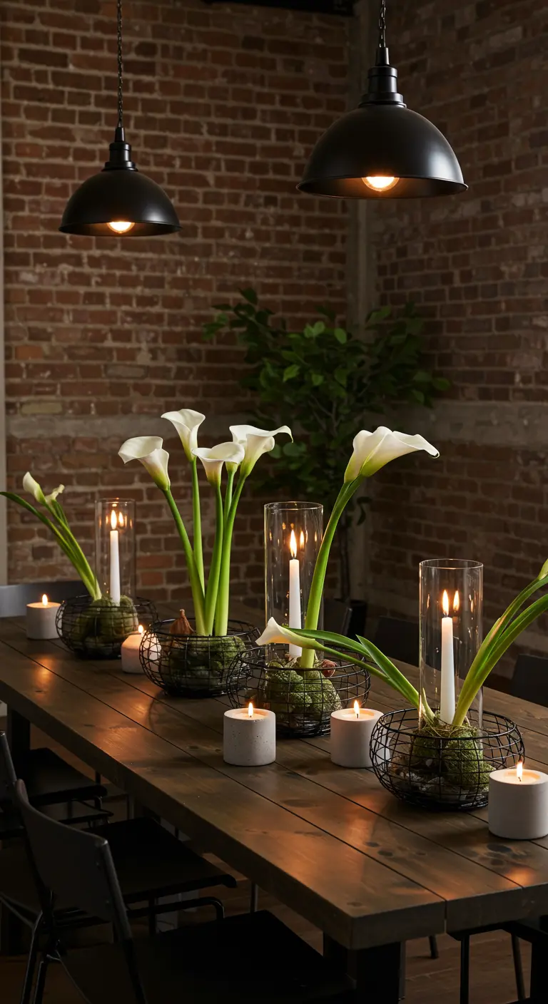 Centre de table moderne avec arums blancs dans des paniers grillagés noirs et bougies hautes.