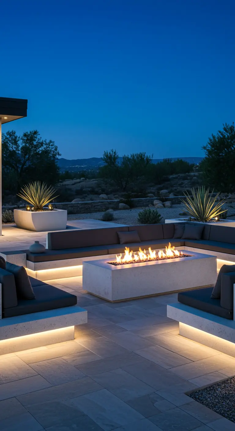 Patio moderne avec banquettes en béton éclairées, foyer au gaz, et plantes succulentes dans un paysage désertique.