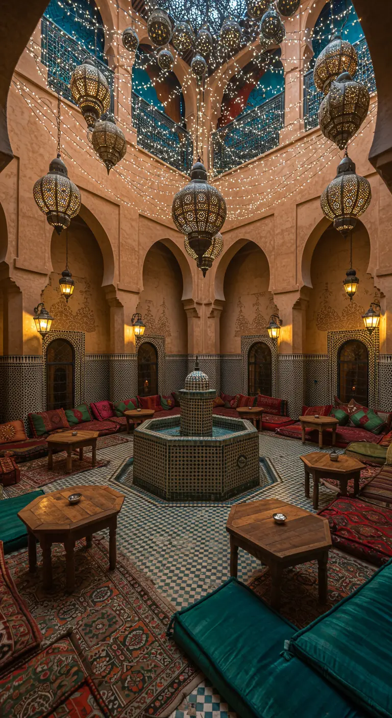 Patio marocain luxueux avec fontaine centrale, lampions en métal ciselé et guirlandes lumineuses suspendues.