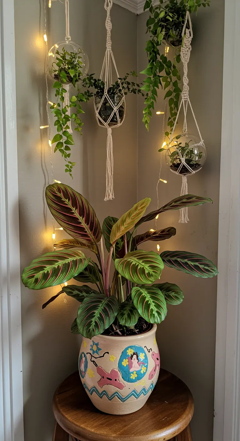 Calathea en pot décoré, terrariums suspendus, guirlandes lumineuses.