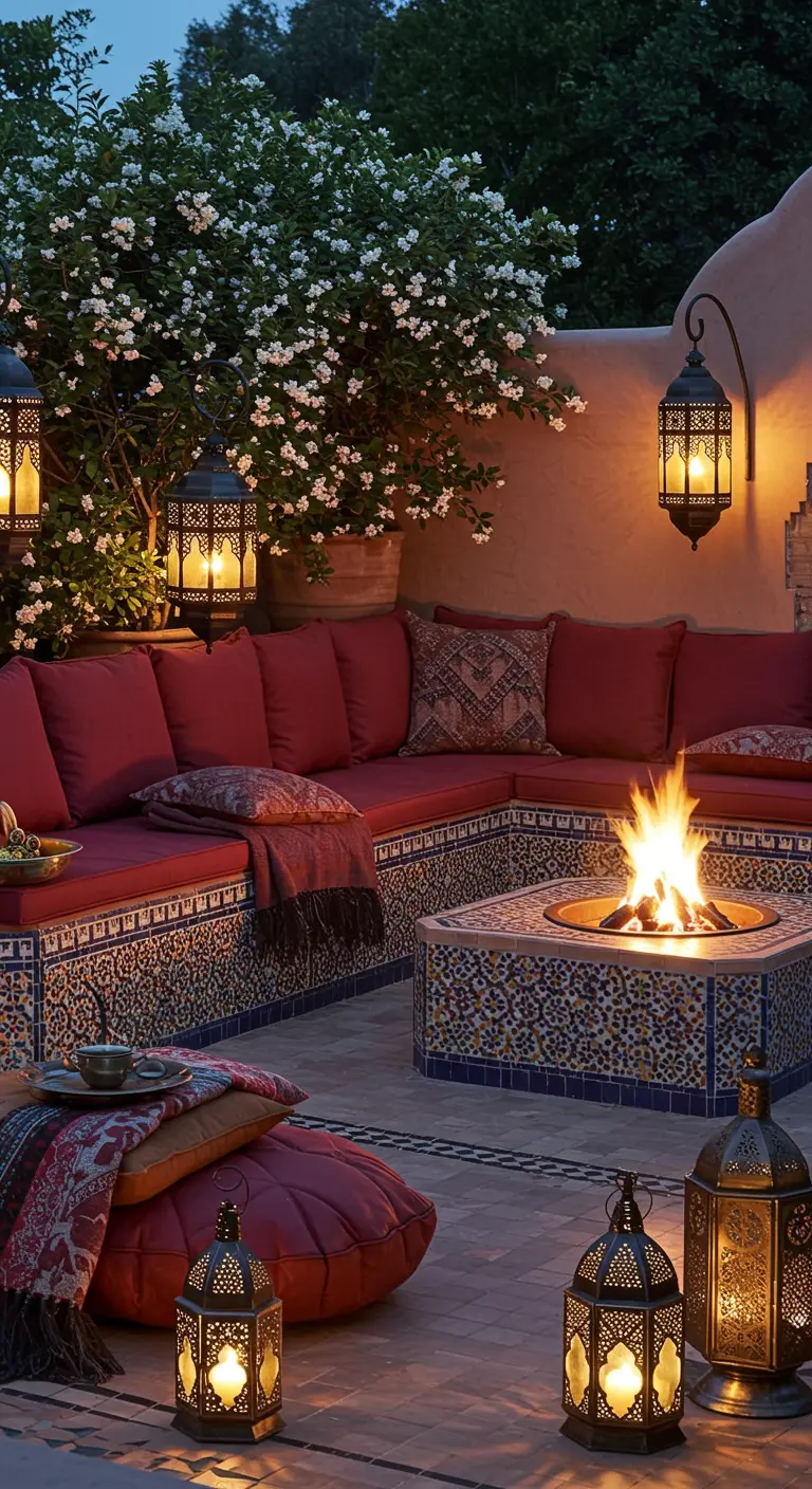 Patio marocain avec banquettes en mosaïque, coussins rouges, foyer central, et lanternes ciselées.