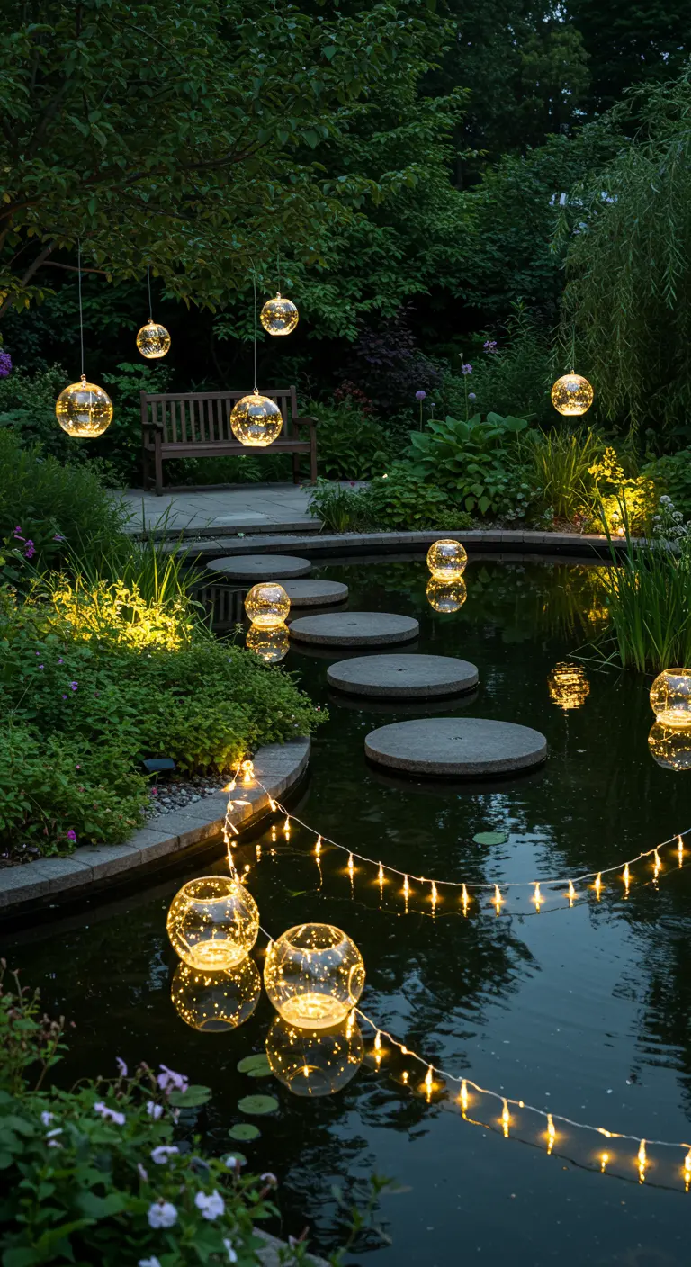 Étang de jardin avec marches en pierre, lumières flottantes en boules et guirlandes lumineuses au-dessus.
