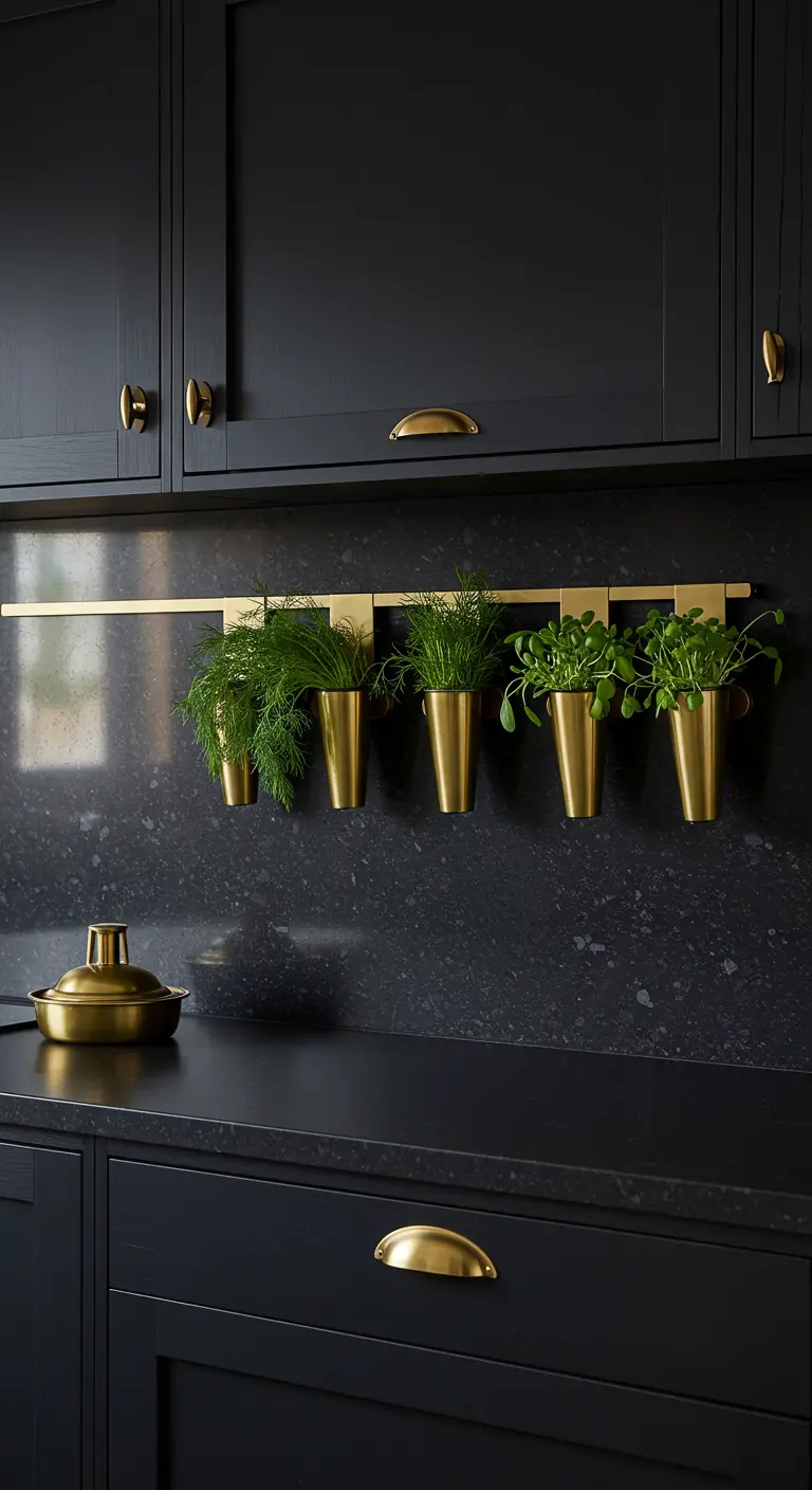 Pots coniques dorés avec herbes fraîches sur une tringle dorée devant un dosseret noir.