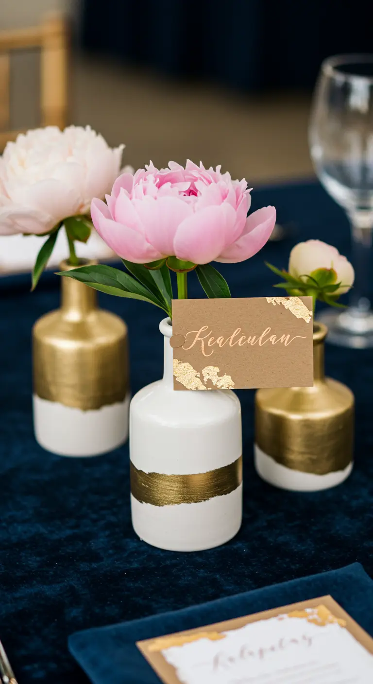 Vases blancs et or avec des pivoines roses sur une nappe bleue.