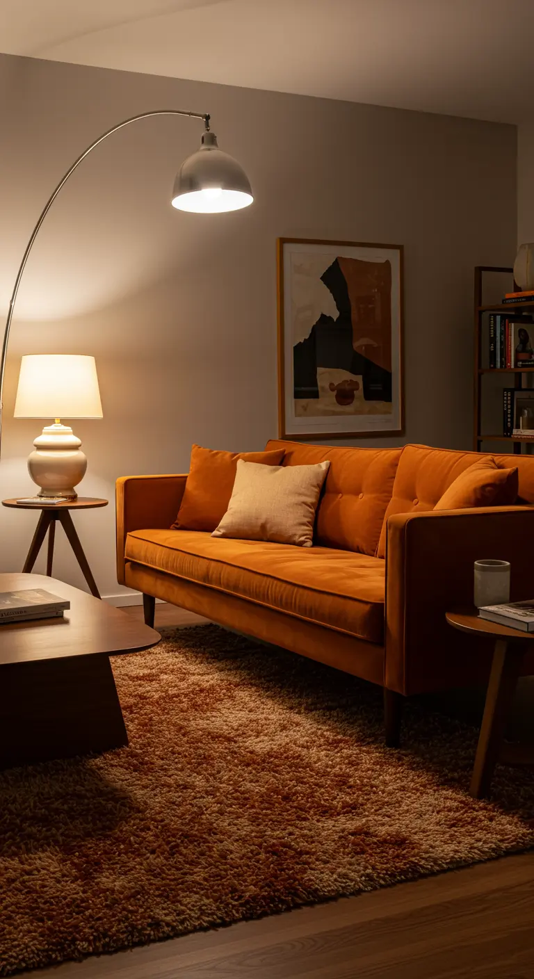 Salon d'inspiration rétro avec canapé en velours orange et tapis texturé.