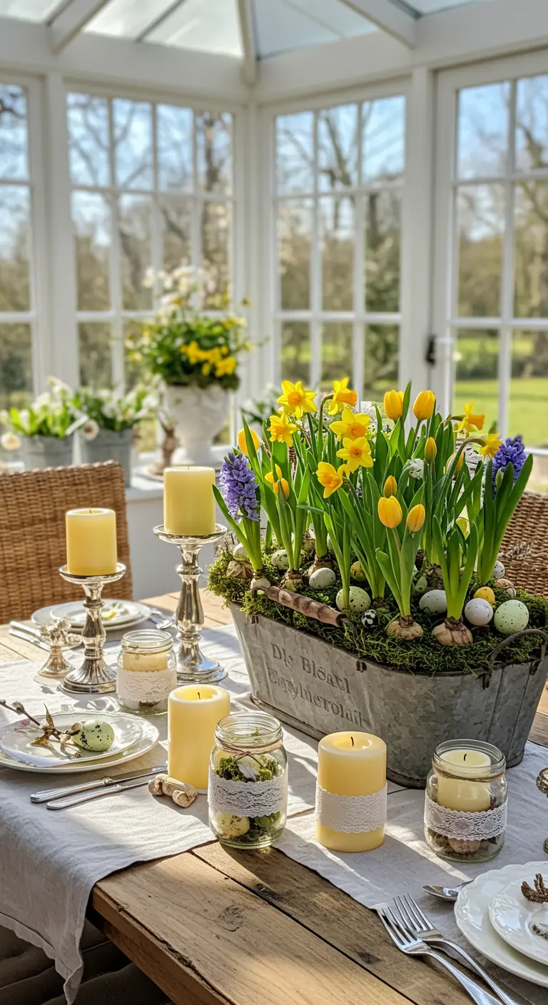 Centre de table printanier avec tulipes, narcisses, jacinthes et œufs décoratifs dans un bac en zinc.