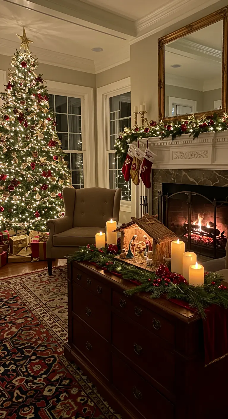 Crèche de Noël illuminée par des bougies sur une commode en bois, ambiance festive.