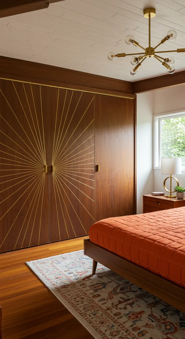 Portes de placard en bois foncé avec un motif de soleil rayonnant en laiton.