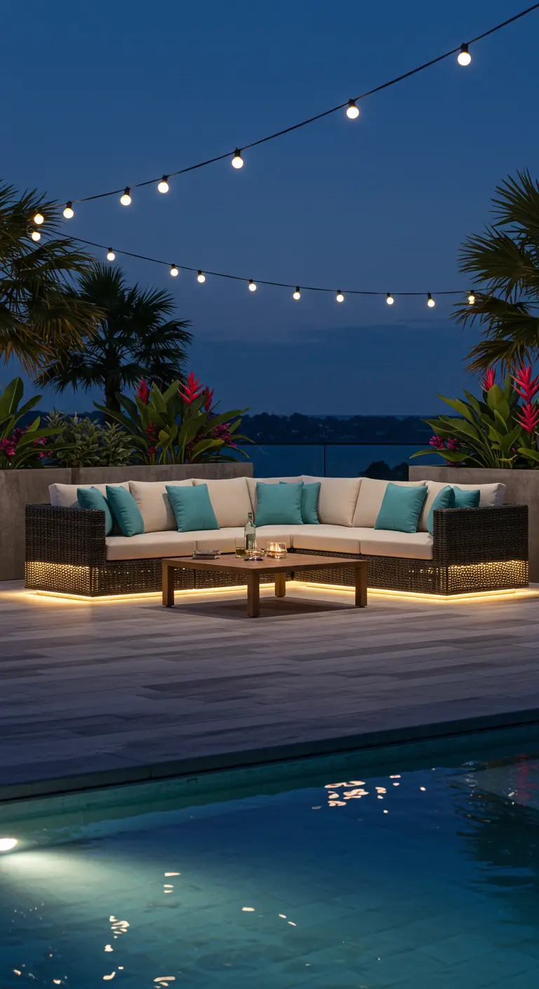 Canapé d'angle extérieur moderne avec LED chaudes et coussins turquoise sur terrasse tropicale au crépuscule.