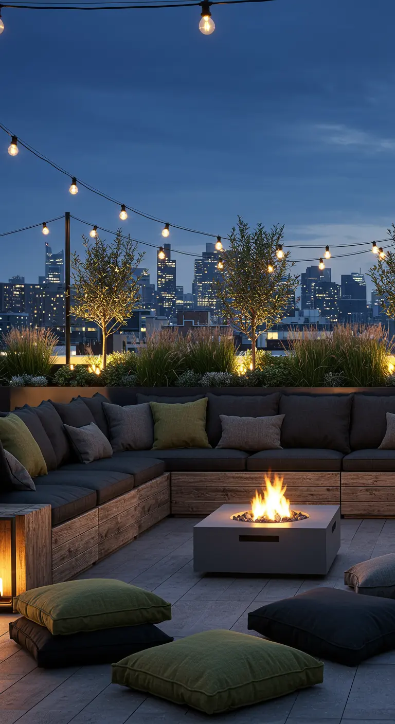 Banquette modulaire en bois sombre sur rooftop urbain avec brasero et guirlandes lumineuses.