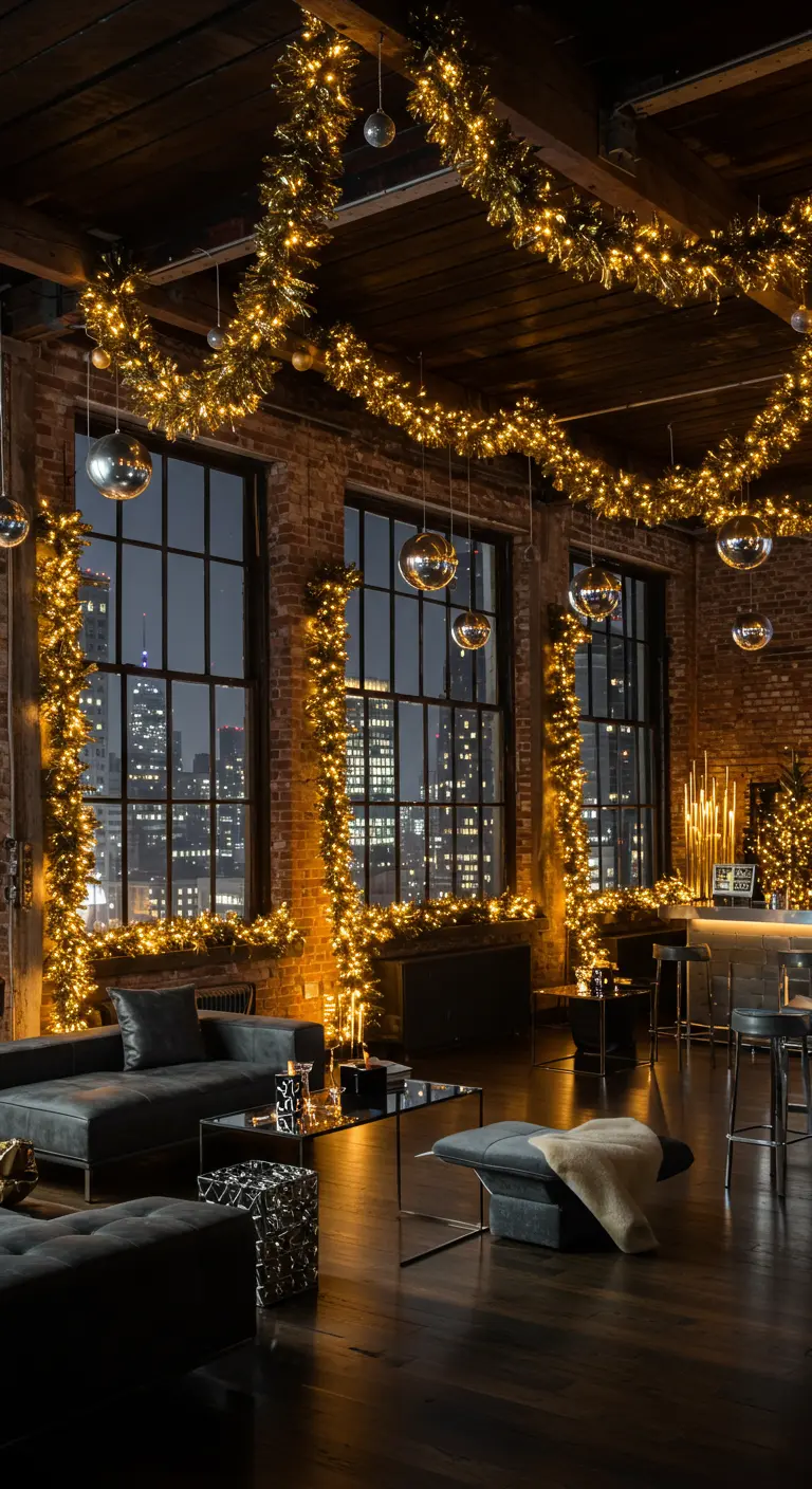 Loft urbain avec murs en briques, grandes fenêtres illuminées par des guirlandes dorées et boules miroir.