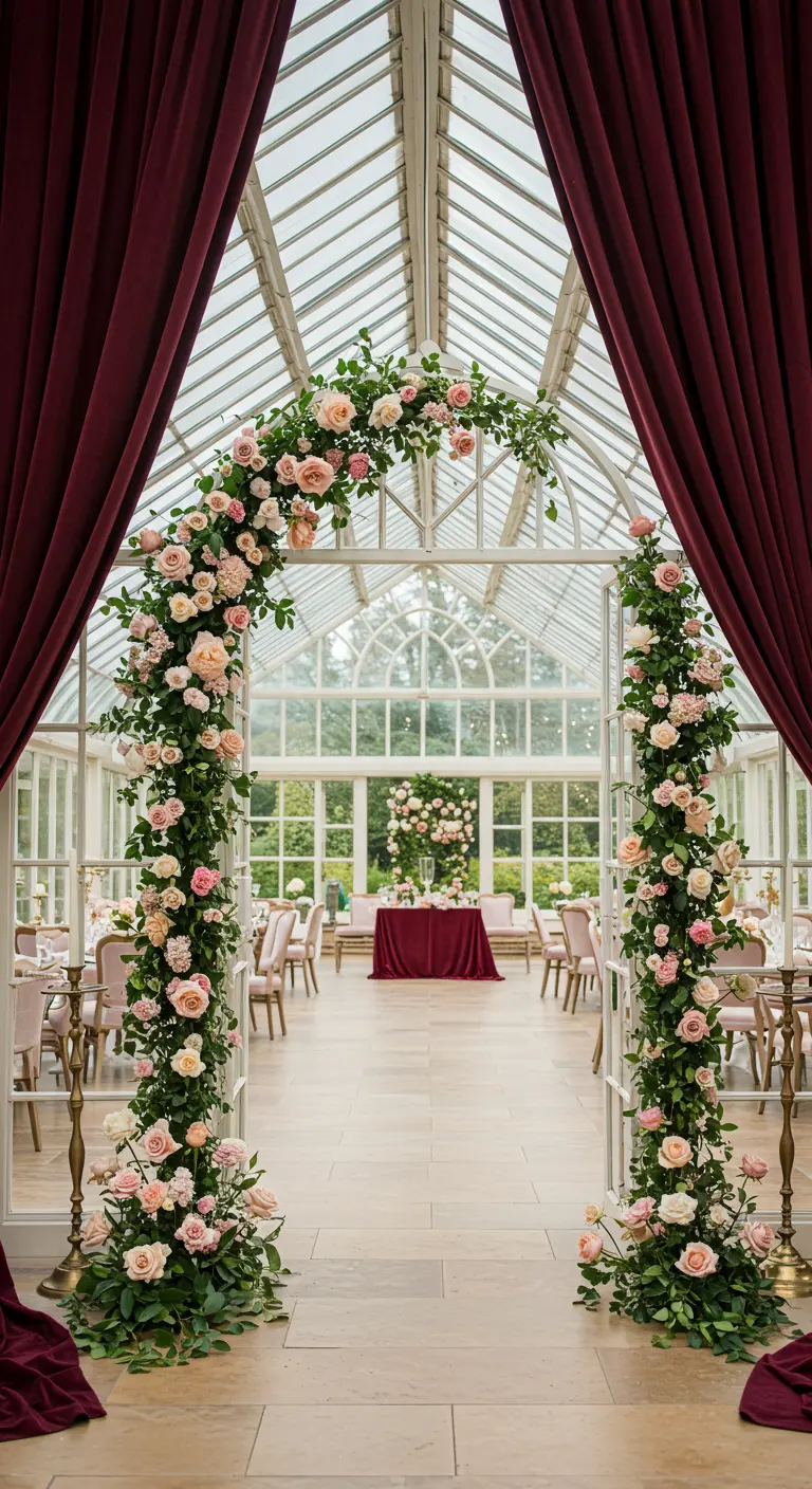 Grande arche fleurie de roses roses et blush à l'entrée d'une serre en verre, avec des rideaux bordeaux.