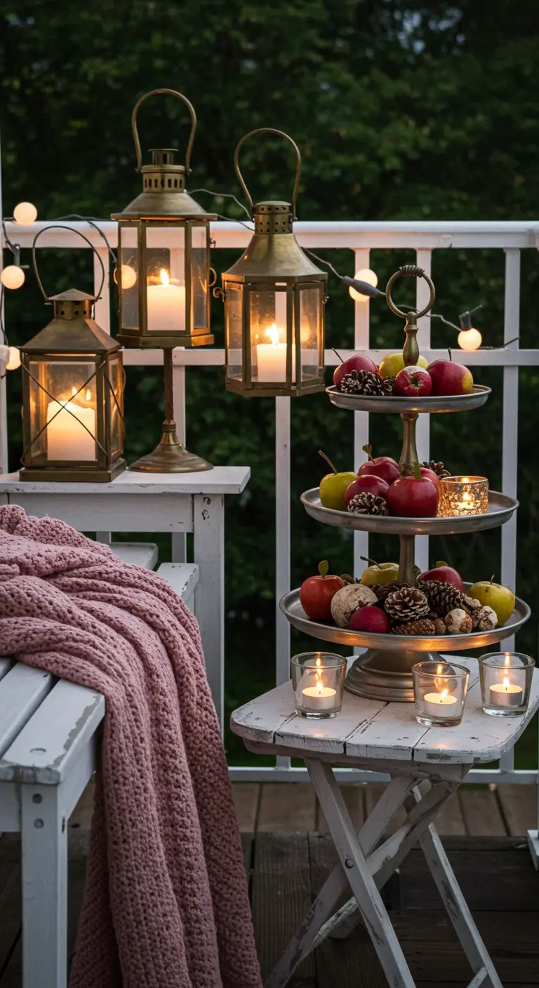 Décoration de balcon avec des lanternes en laiton vintage et un plaid rose.