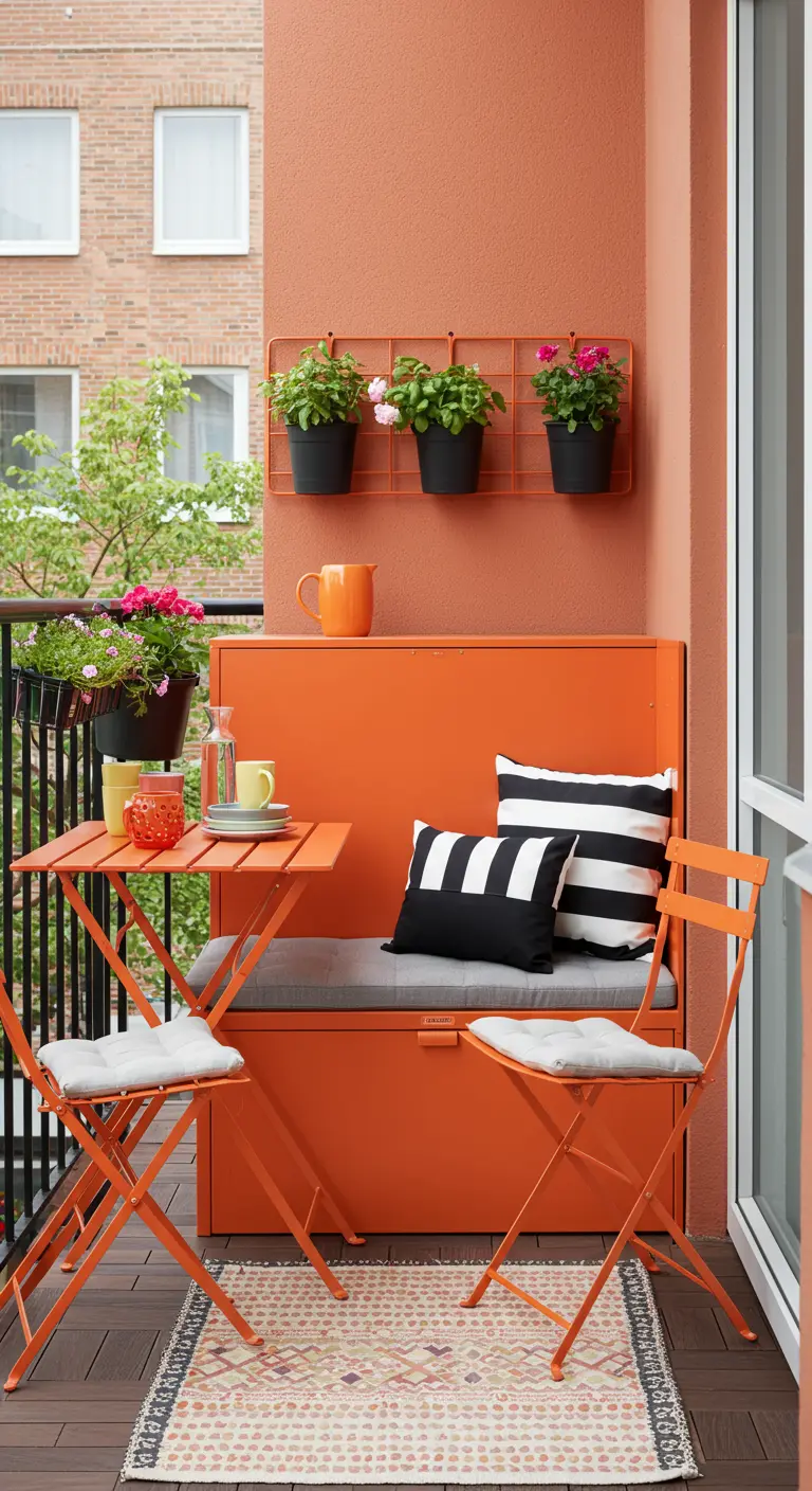 Banquette orange vif sur petit balcon avec rangements et ensemble table/chaises pliantes.