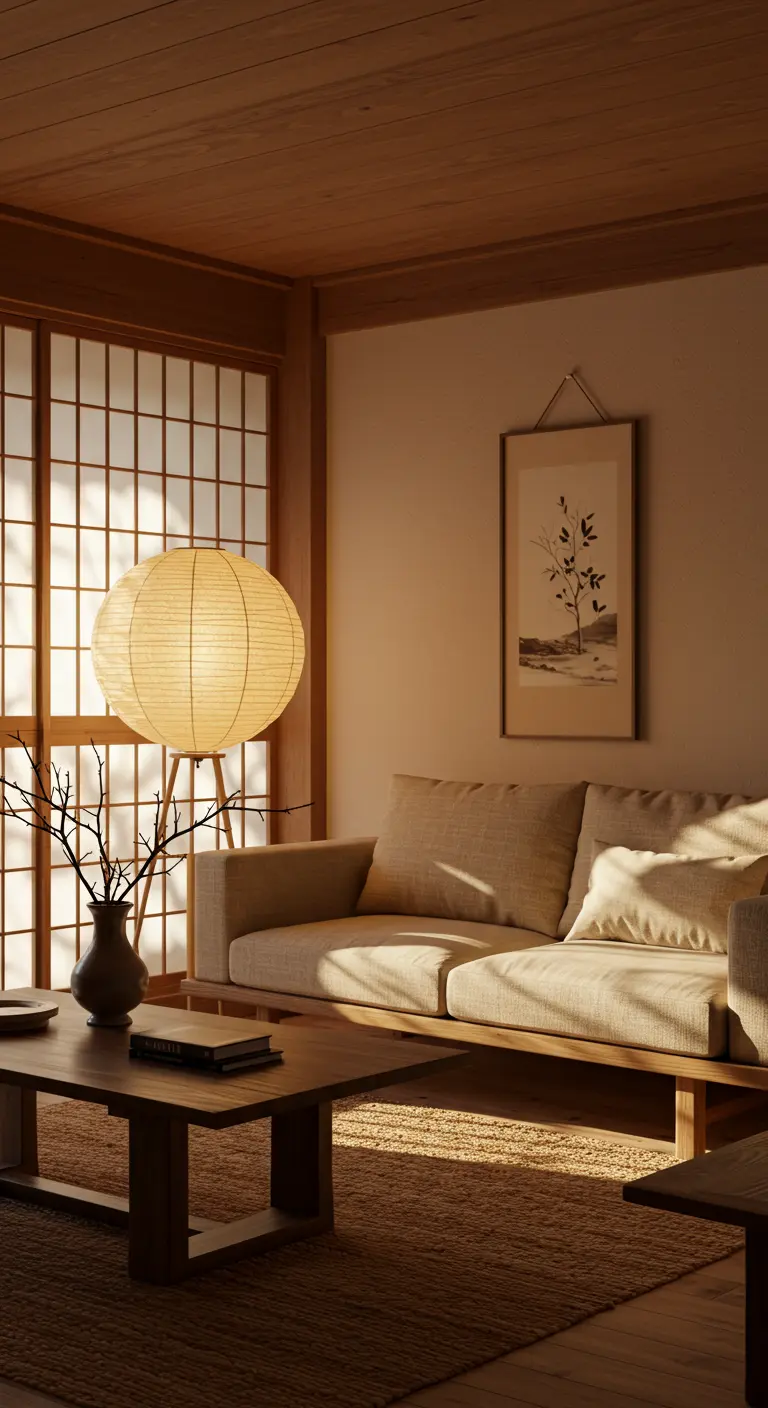 Intérieur d'inspiration japonaise avec canapé en bois clair et lampe en papier de riz.