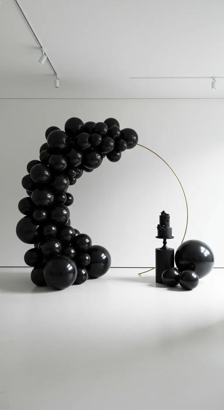 Demi-arche de ballons noirs sur un fin cerceau doré, à côté d'un gâteau noir.