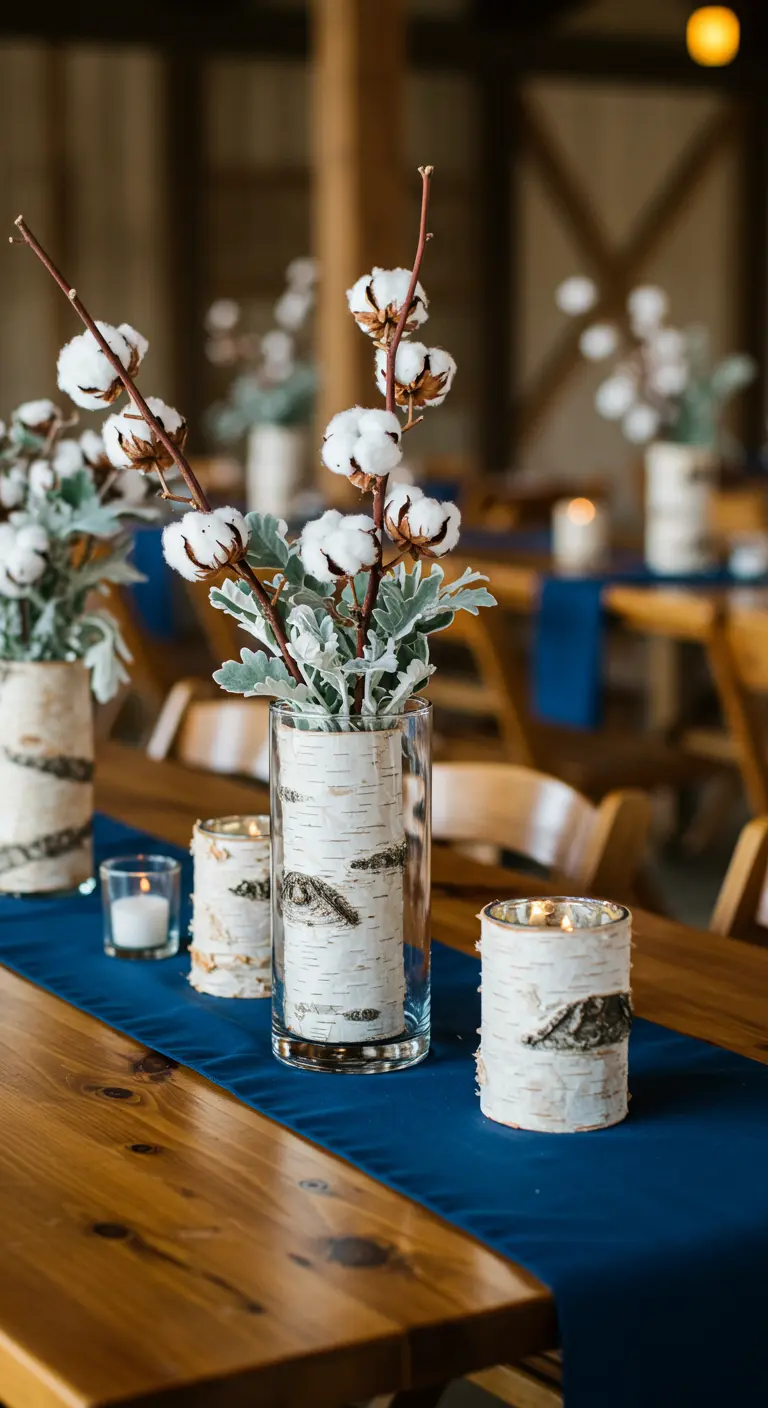 Vases et photophores recouverts d'écorce de bouleau avec des branches de coton.