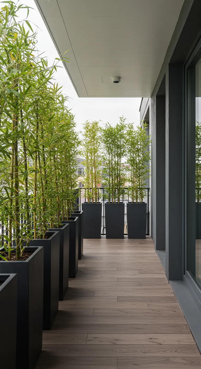Rangée de jardinières noires hautes avec des bambous créant un brise-vue.