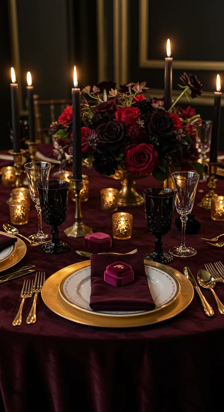 Table de fête gothique et romantique avec un écrin à bijou en velours sur l'assiette.