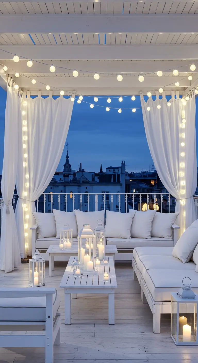 Terrasse sur le toit toute blanche avec canapés, voilages et multiples guirlandes lumineuses.
