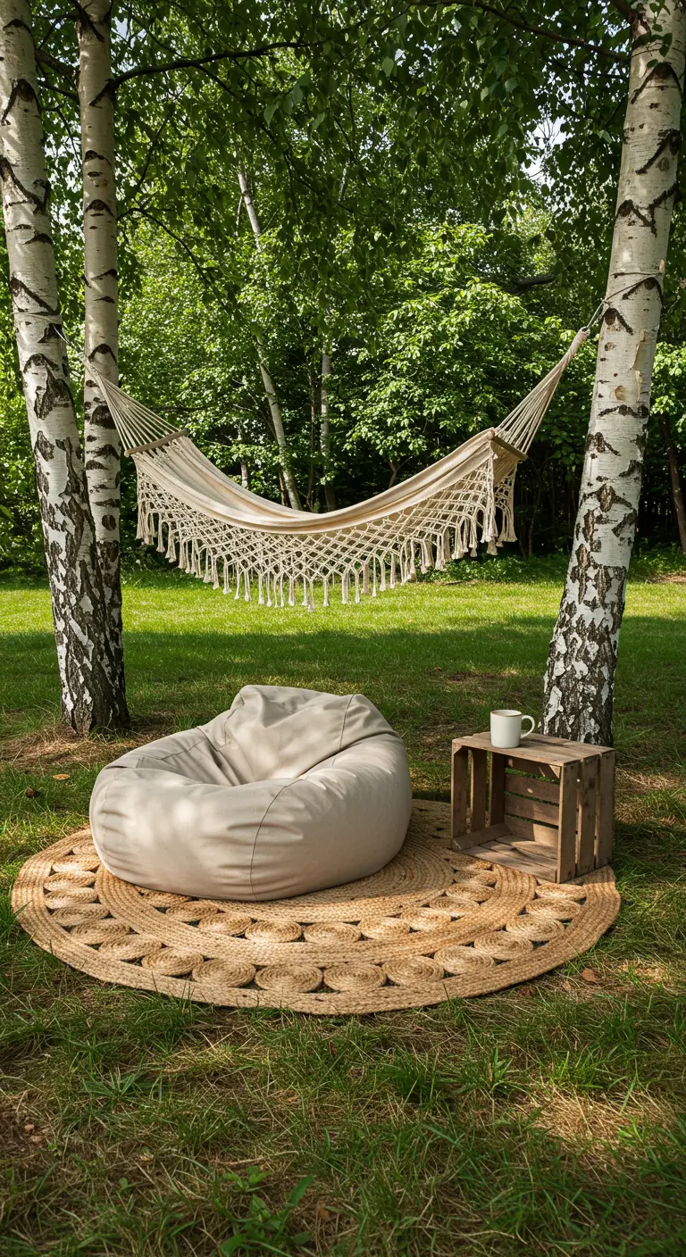 Hamac en macramé et pouf sur un tapis de jute entre deux bouleaux.