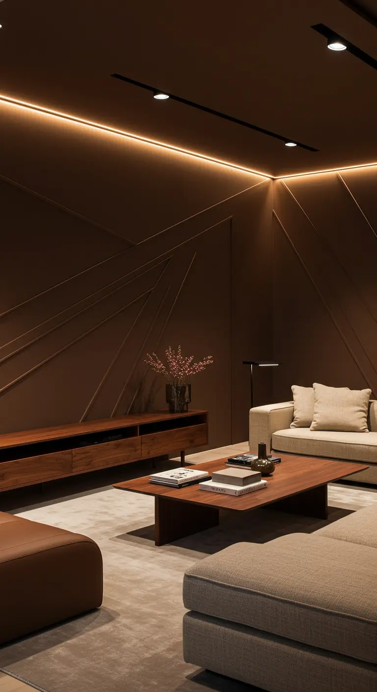 Salon moderne avec murs bruns et moulures géométriques éclairées par LED.