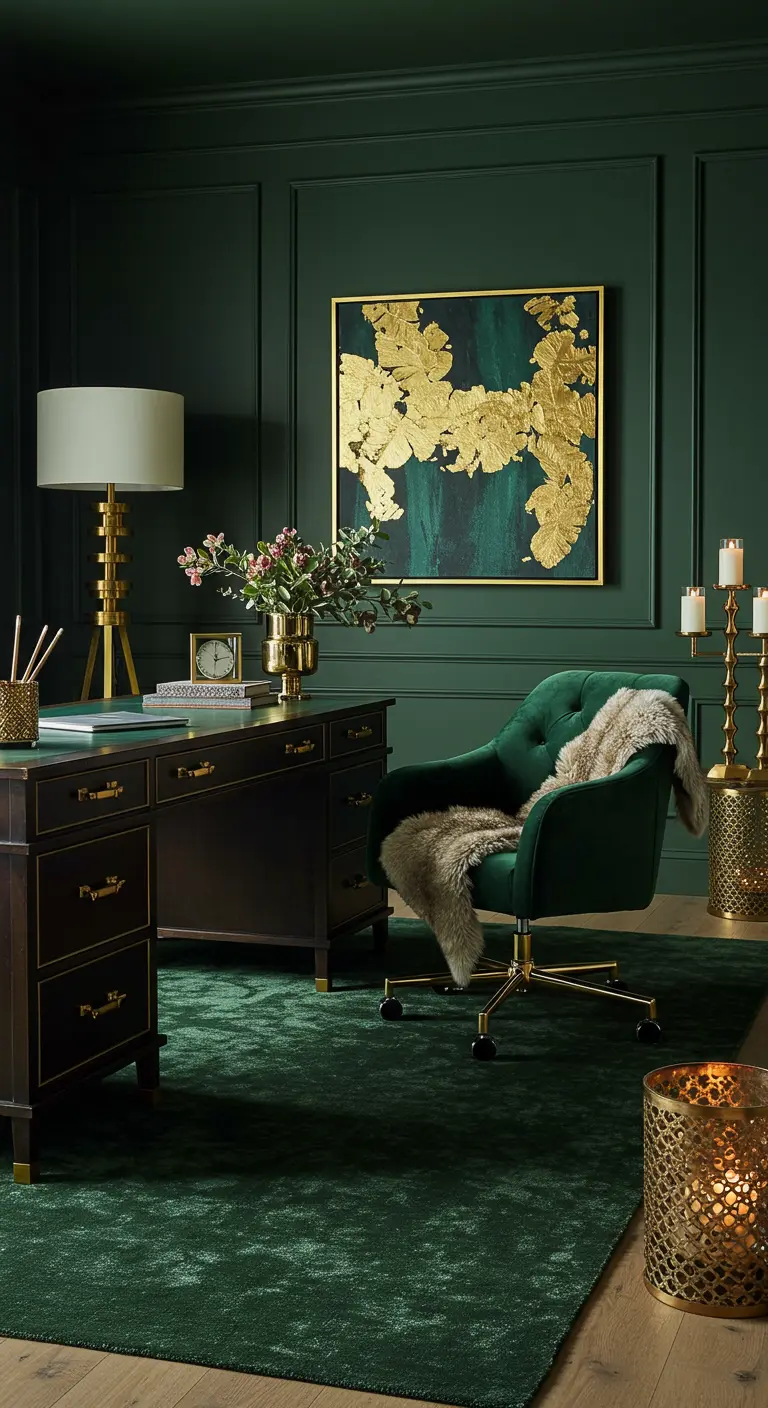 Bureau vert émeraude avec tableau abstrait doré, mobilier classique et chaise en velours.