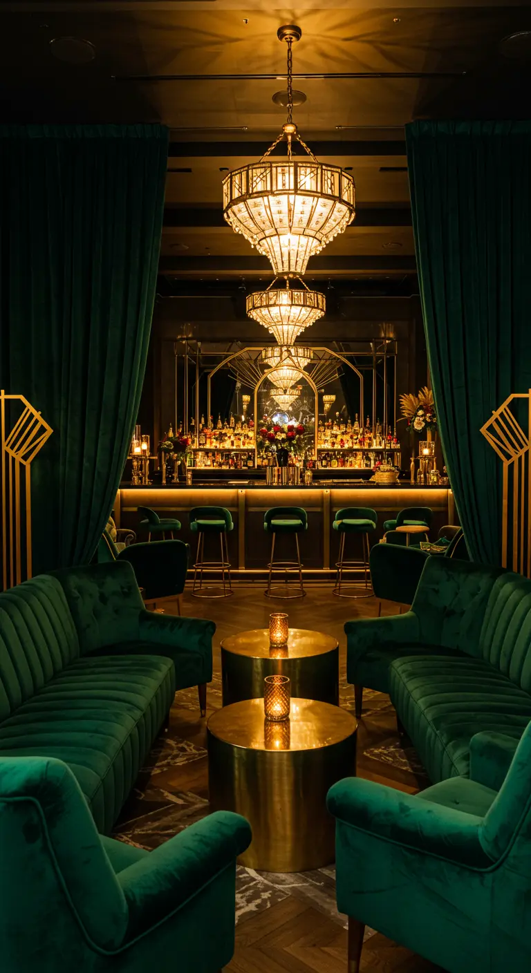 Un bar luxueux avec des canapés et des rideaux en velours vert émeraude.
