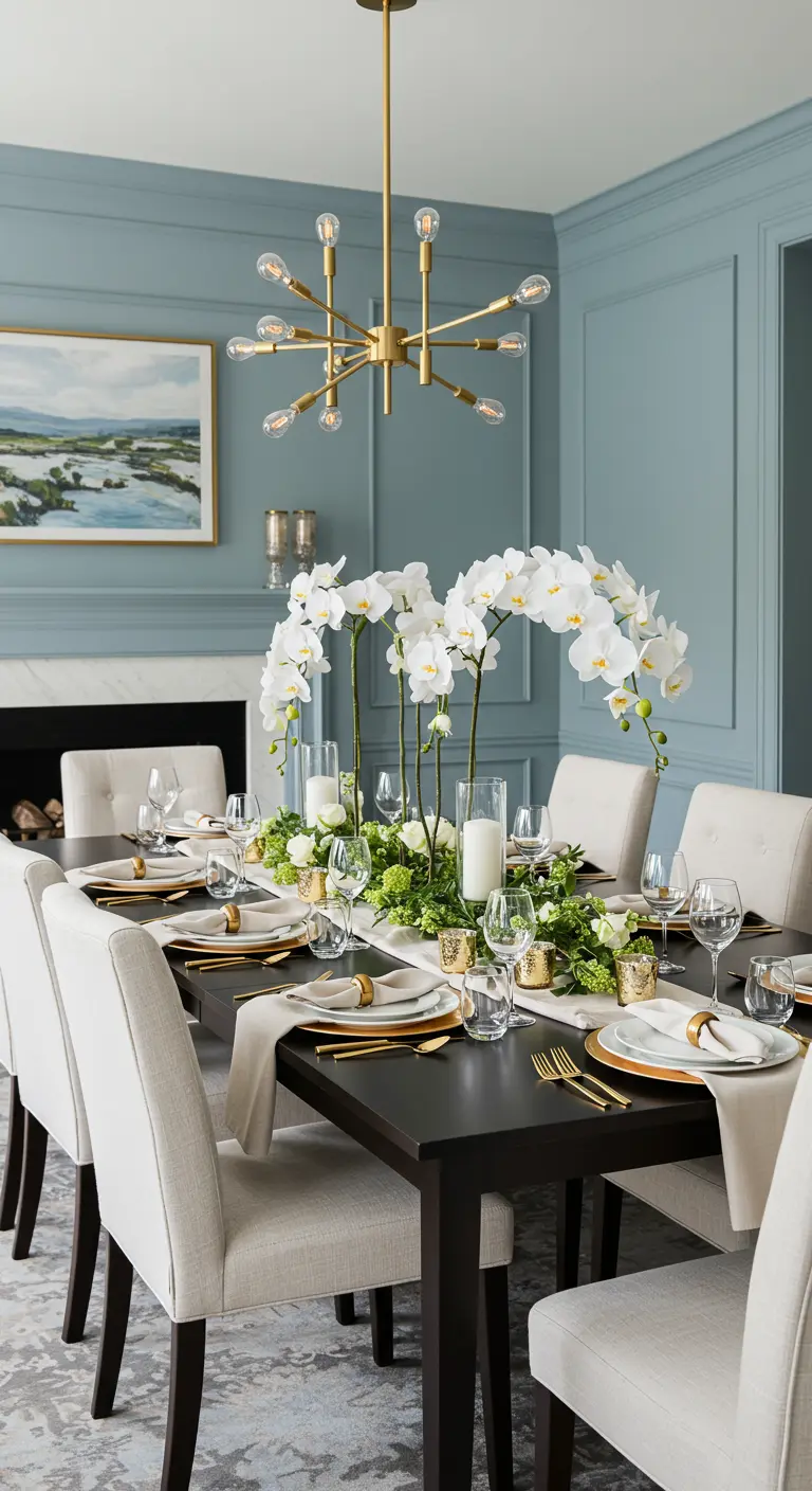 Salle à manger élégante avec une table sombre, chaises claires, orchidées blanches et accents dorés.