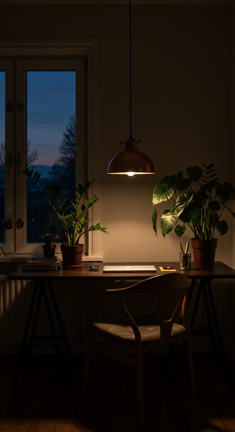 Bureau éclairé par une suspension en cuivre la nuit, avec des plantes créant des ombres.