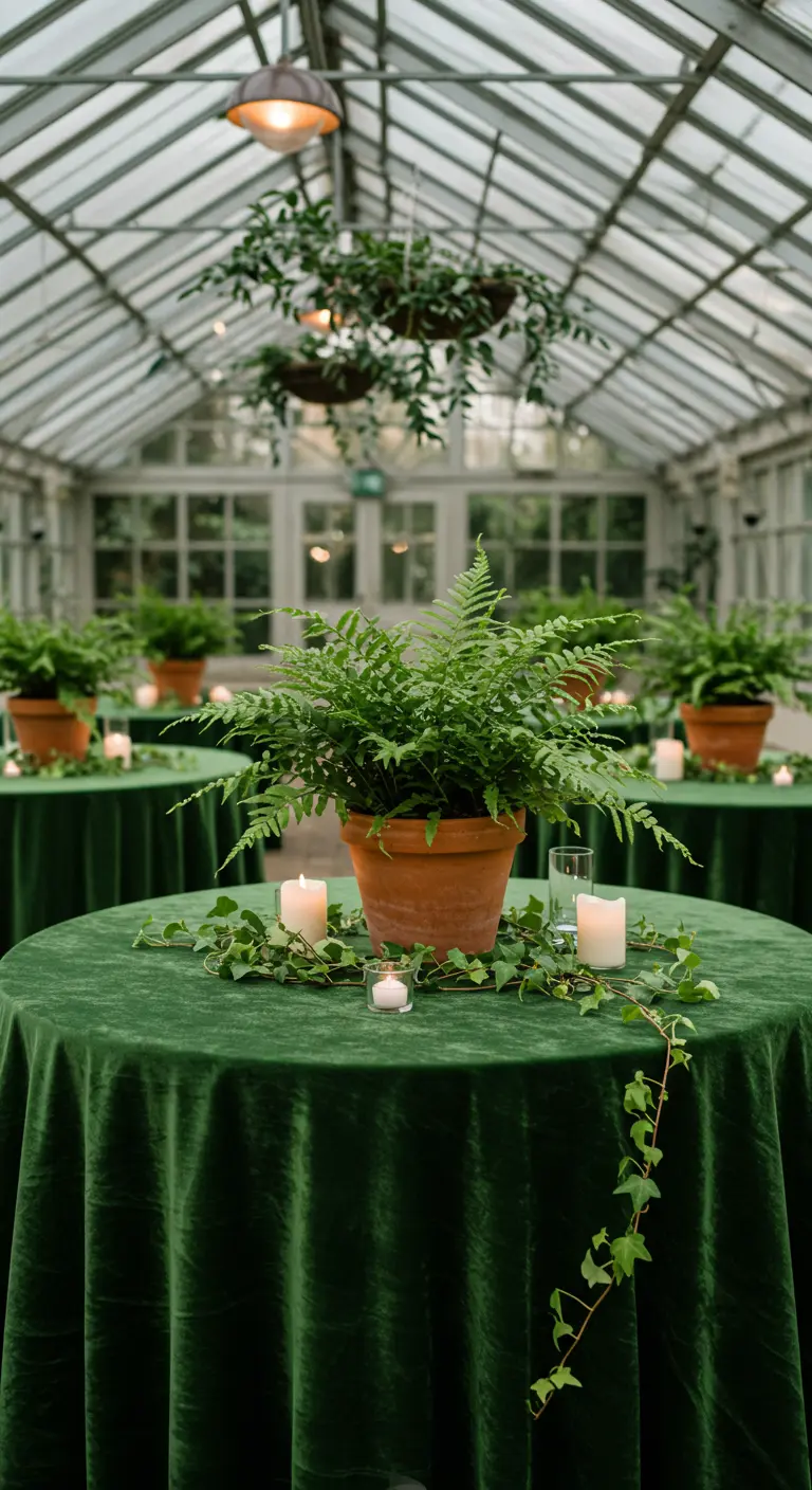 Pot de fougère en terre cuite sur une table recouverte de velours vert émeraude.