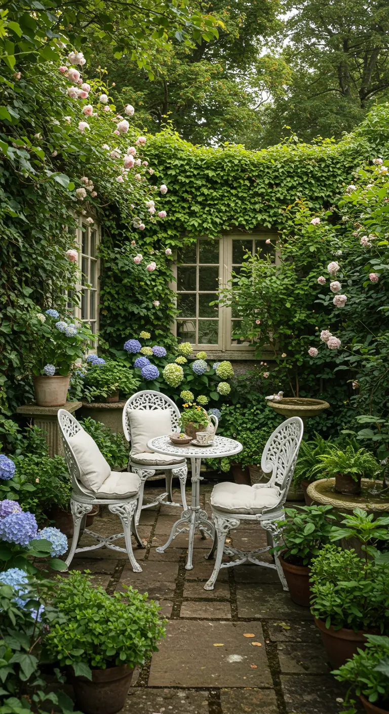 Bistro set blanc en fer forgé dans un jardin anglais luxuriant avec hortensias et rosiers grimpants.