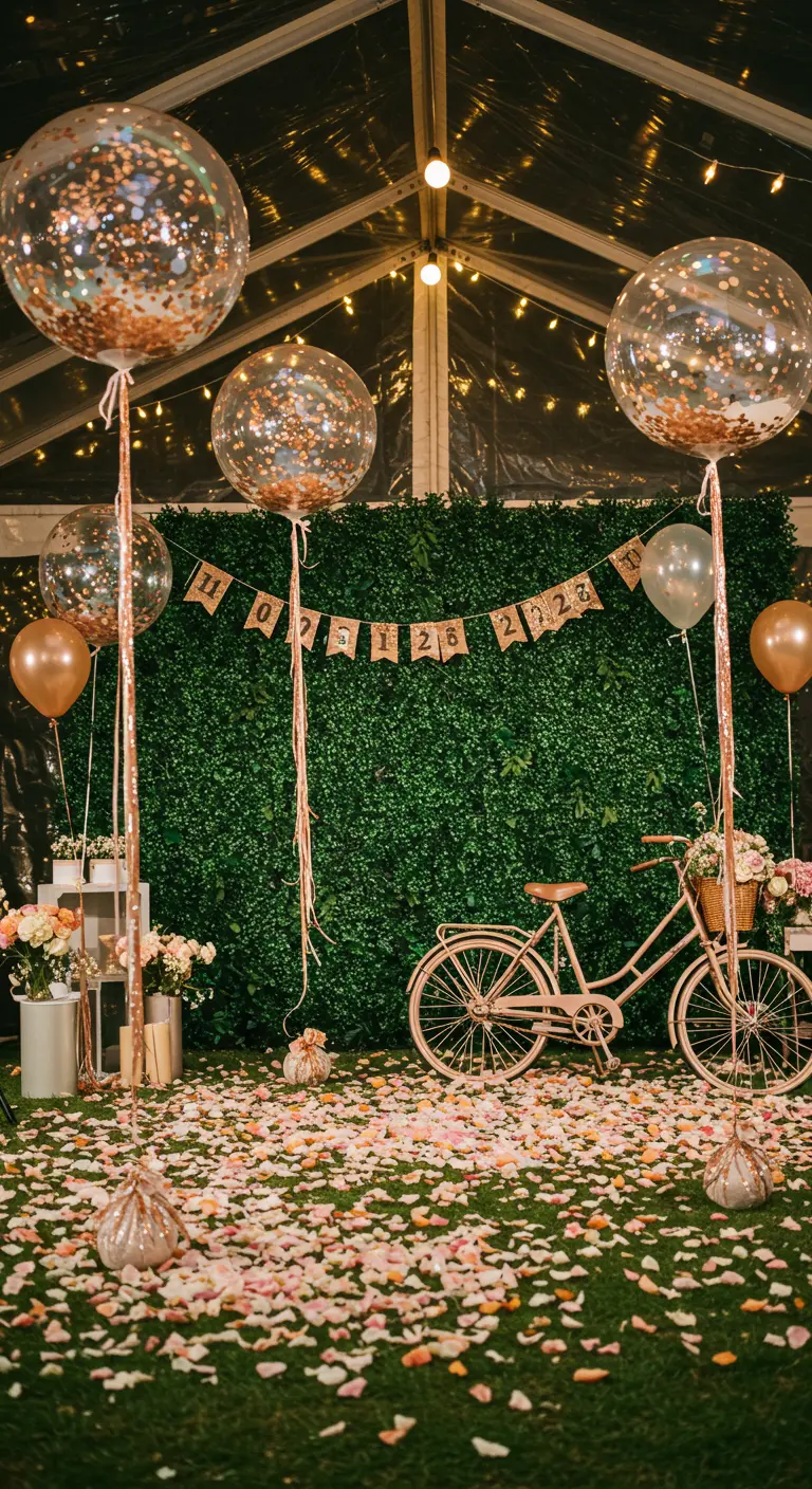 Photobooth de jardin avec mur végétal, ballons géants, vélo vintage et pétales de roses.