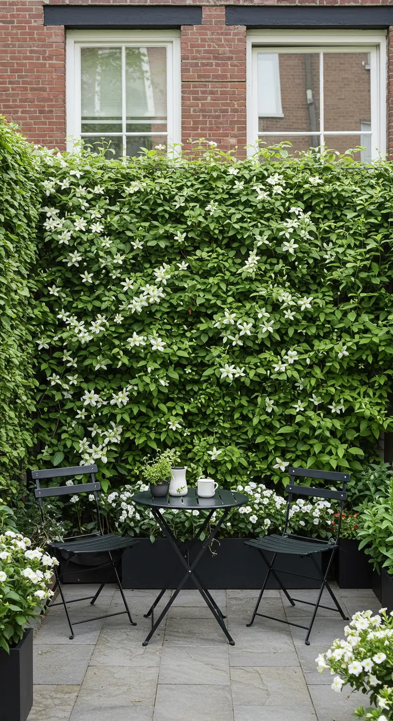Table de bistrot noire devant un mur de clématites blanches en fleurs.