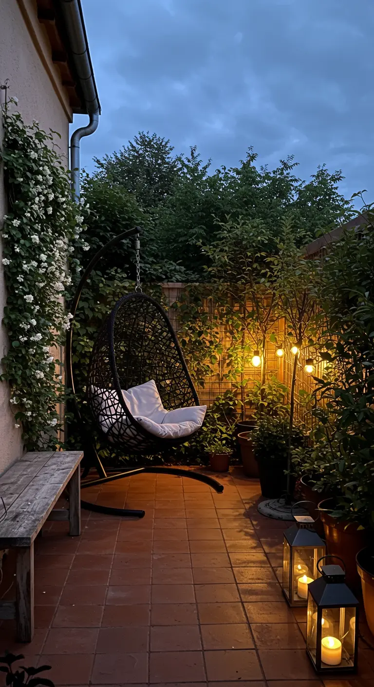 Fauteuil suspendu noir dans un coin de jardin luxuriant et éclairé.