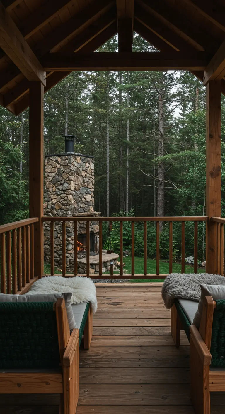 Deux chaises longues en bois clair avec des plaids en fausse fourrure, face à une cheminée en pierre sur une terrasse en bois entourée d'une forêt.