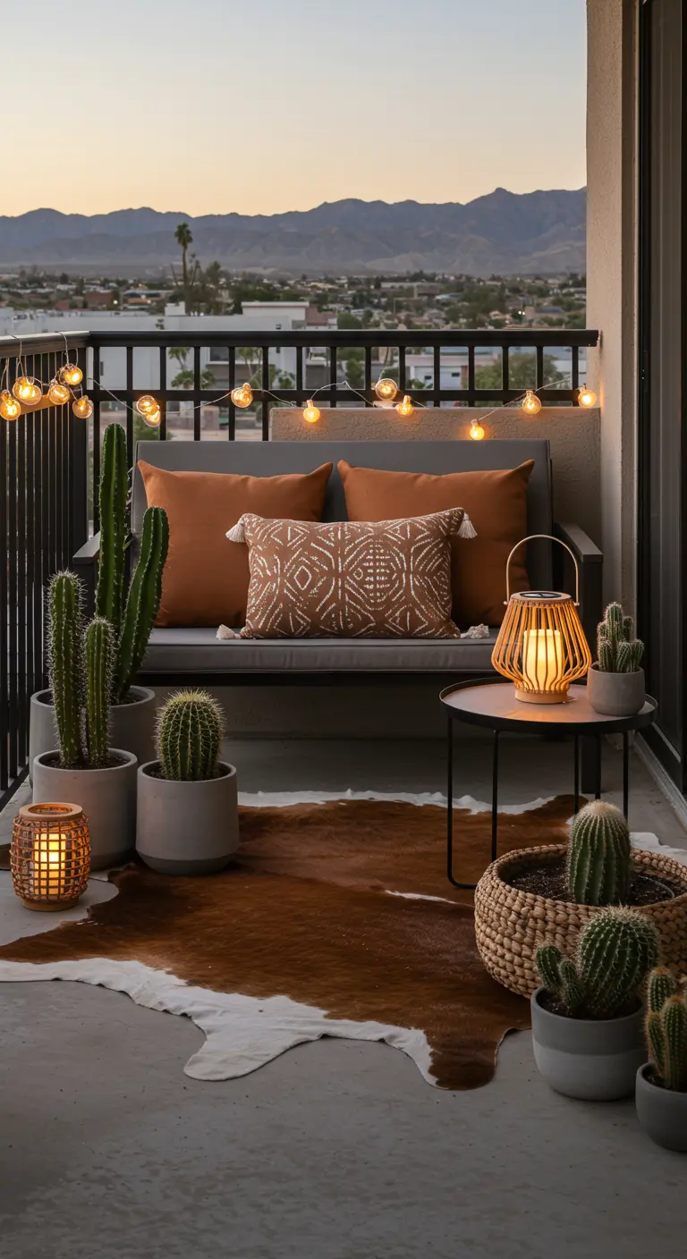Balcon d'inspiration désertique avec des cactus, un tapis en peau de vache et des tons terreux.